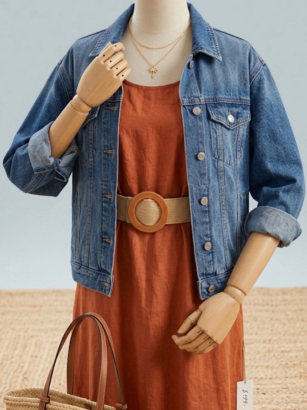 Boho Woven Stretch Raffia Belt Tan Oversized Circle Buckle